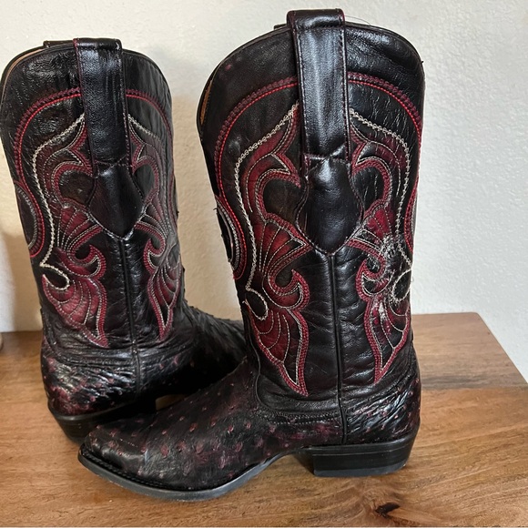 Los Altos Boots Ostrich Black Cherry Pointed Toe Cowboy Boots Size 7 - Picture 7 of 17